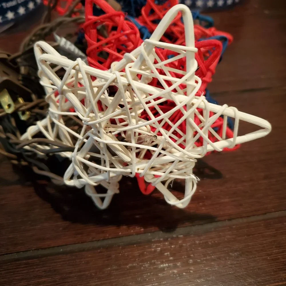 Set of 2-Red White Blue Rattan Star Light Strand-July 4-Patriotic-8 Feet Ea-New